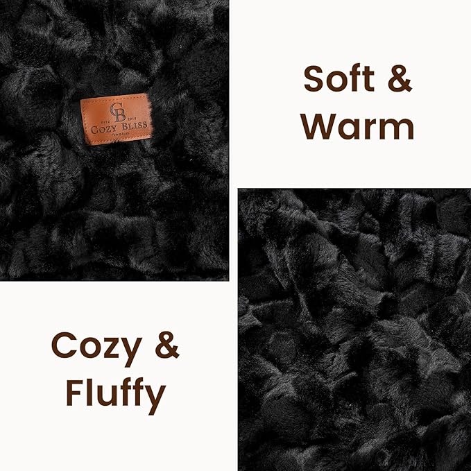 Cozy Bliss Faux Fur Throw Blanket for Couch, Fuzzy Soft Plush Thick Warm Fluffy Reversible Wave Textured Blanket for Sofa Bedroom Living Room, 55 * 70 Inches Black