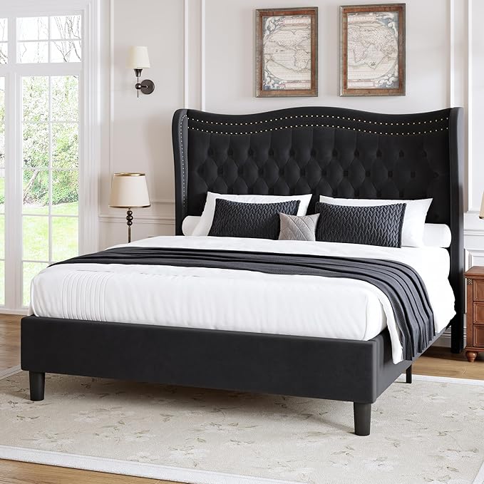 Upholstered Queen Size Bed Frame with Tall Headboard, Velvet Wingback Platform Bed Frame with Deep Button Tufted, No Box Spring Needed, Noise Free, Black