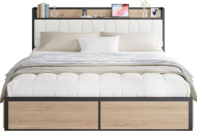 LIKIMIO King Bed Frame with 4 Storage Drawers, Platform Bed with Charged Headboard, Sturdy and Stable, No Noise, No Box Spring Needed, Easy to Install, Wood and Cream
