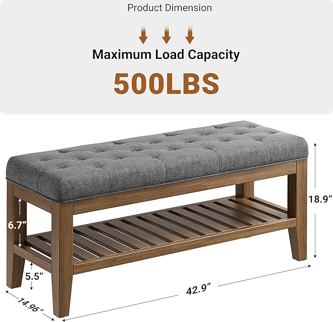 End of Bed Storage Bench, 42.9" Entryway Shoe Bench with Solid Wood Shelf, Upholstered Ottoman with Padded Seat for Bedroom, Hallway and Lining Room, Dark Gray