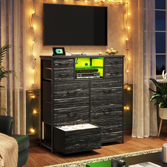 Dresser for Bedroom with 10 Drawers Featuring LED Light and Power Outlet, Fabric Dressers & Chest of Drawers with Open Shelves for Hallway, Living Room, Metal Frame,Wood Top,Grain Black