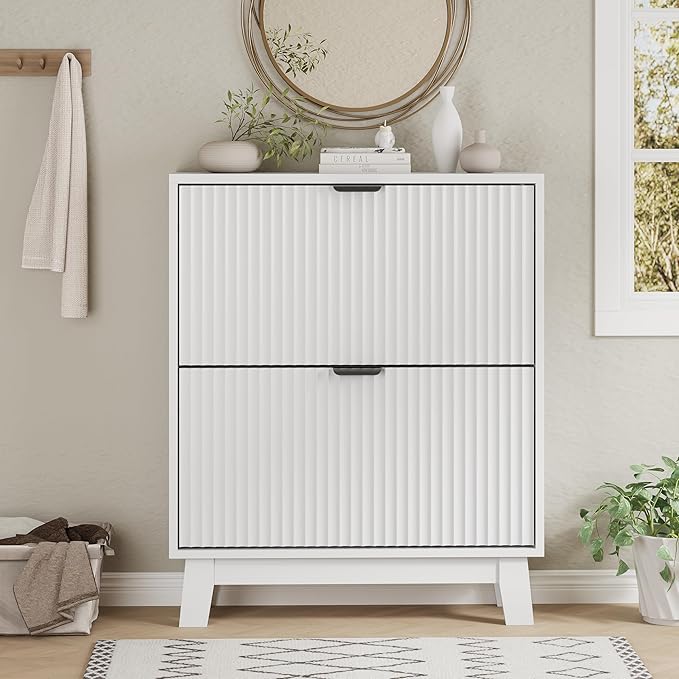 Shoe Cabinet with 2 Flip Drawers, 37" Tall Narrow Fluted Shoe Storage Organizer for Entryway, Hidden Slim Wooden Shoe Rack Cabinet for Front Door Entrance, Hallway, Living Room, Solid White