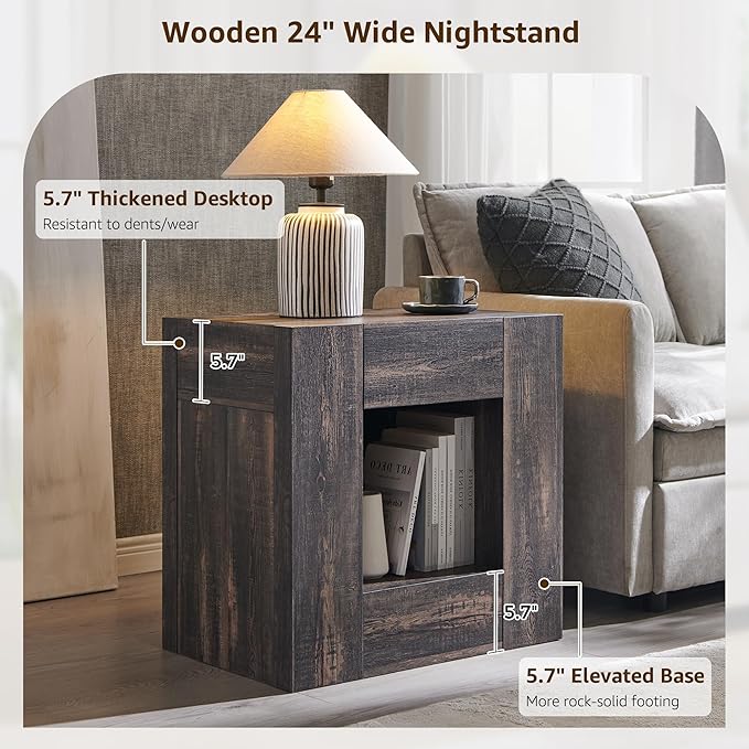 OKD 24'' Modern Nightstands Set of 2, Large Wooden End Table with Charging Station & Drawer & Storage Shelf, Rustic Square Bedside Table for Bedroom, Living Room, Wood Thick Design,Dark Rustic Oak