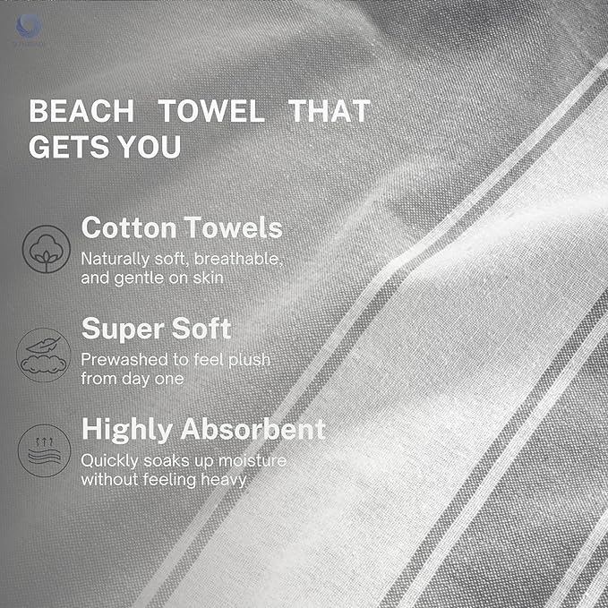 Cotton Turkish Beach Towel Towels Oversized 36"x72" Pool Absorbent Extra Large Quick Dry Sand Travel Towel (Grey, 2 Pack)