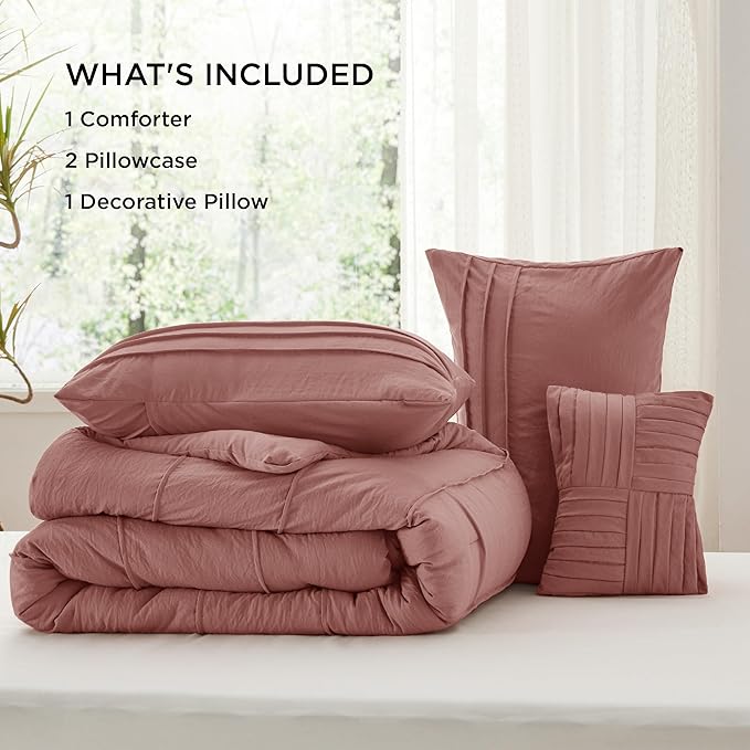 Bedsure King Comforter Set - 4 Pieces Pinch Pleat Bed Set, Dusty Pink Boho Bedding for All Season, 1 Soft Comforter, 2 Pillowcases, 1 Decorative Pillow