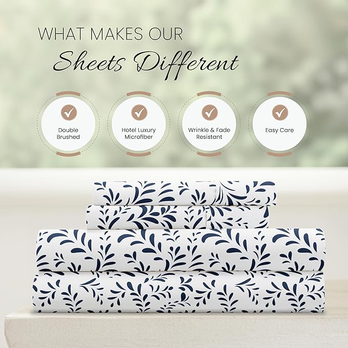 Linen Market 4 Piece California King Bedding Sheet Set (Navy Vines) - Sleep Better Than Ever with These Ultra-Soft & Cooling Bed Sheets for Your Cal King Size Bed - Deep Pocket Fits 16" Mattress