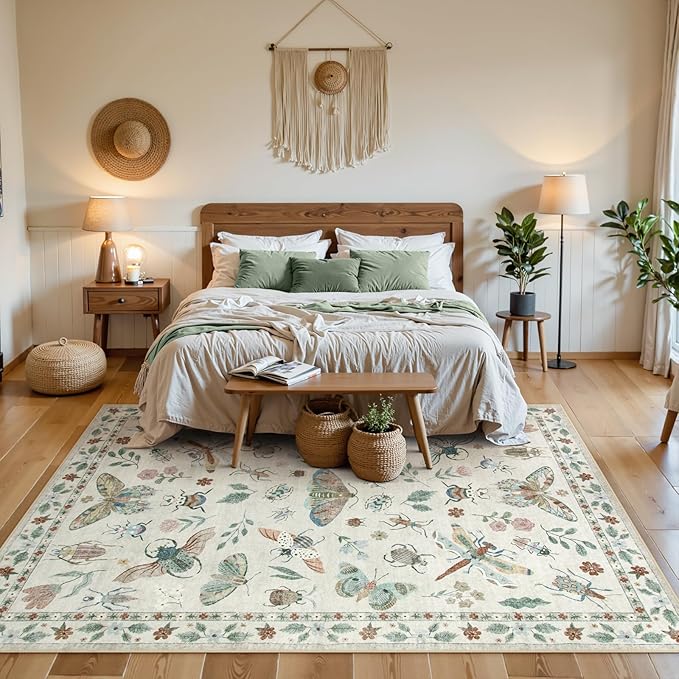 Lahome Insect 9x12 Area Rugs for Living Room Bedroom, Soft Washable Rugs 9x12 Stain Resistant, Ultra-Thin Non-Slip Dining Room Rug Non-Shedding Accent Carpet for Office(9x12ft,Beige)