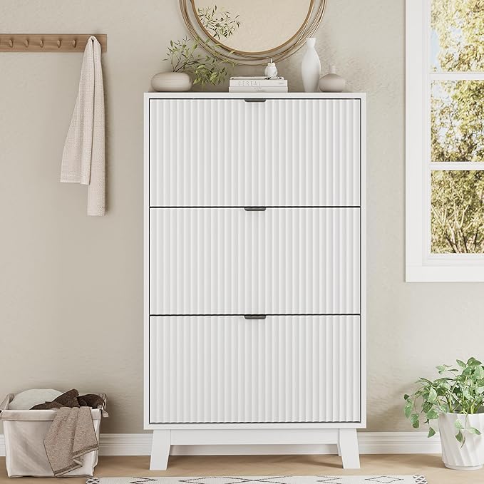 Shoe Cabinet with 3 Flip Drawers, 54" Tall Narrow Fluted Shoe Storage Organizer for Entryway, Hidden Slim Wooden Shoe Rack Cabinet for Front Door Entrance, Hallway, Living Room, Solid White