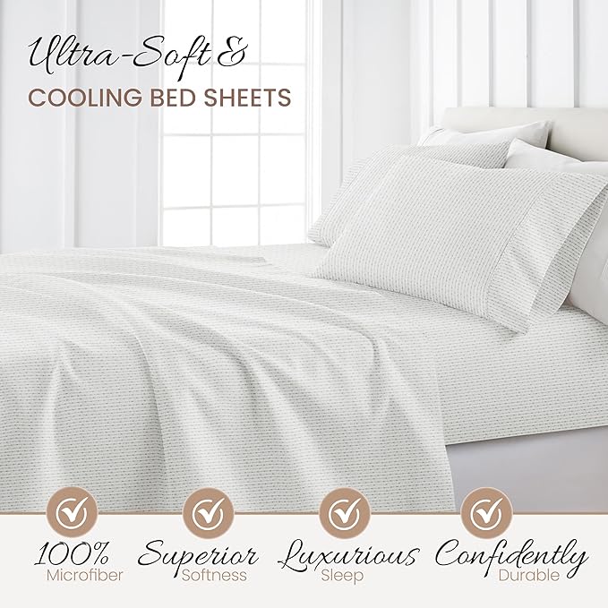 Linen Market Double-Brushed Patterned Microfiber Full Sheet Set 4 Piece – Oeko-TEX Certified Ultra Soft & Wrinkle-Free - 16" Deep Pocket Sheets - Easy Care Full Size - Beaded Arrows Light Gray