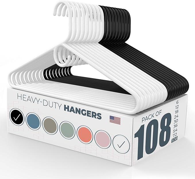 Neaties Heavy Duty Clothes Hangers 100 Pack (108 Count) – Made in The USA – 8lb Capacity Plastic Hangers for Adult Clothing – Durable for Pants, Coats, Jackets, or Jeans – White & Black