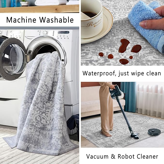vivorug Runner Rug 2'x8' Vintage Washable Non-Slip Runners for Hallways Kitchen Entryway Laundry Room Carpet Hallway Runner Ivory/Silver