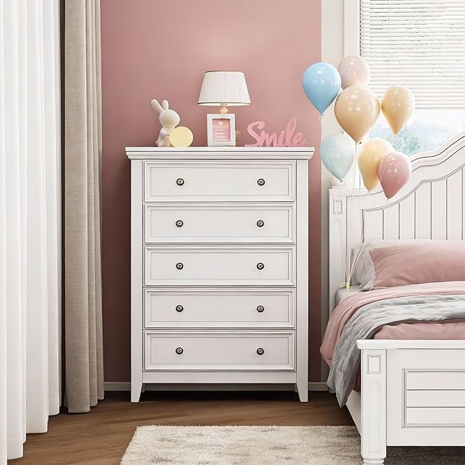 White Dresser for Bedroom,5 Chest of Drawers Dresser,Tall Nightstand Modern Clothes Organizer Cabinet Dressers for Bedroom,Closets,Hallway