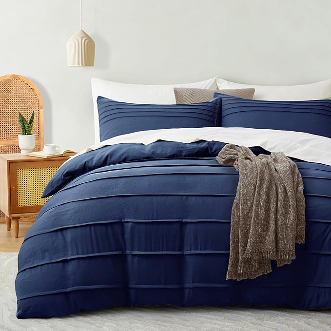 Oli Anderson Navy Blue Duvet Cover Queen Size - Pleated Queen Duvet Cover, 3PCS Soft and Breathable Textured Bedding Set with Zipper Closure(Navy Blue,90"x90")