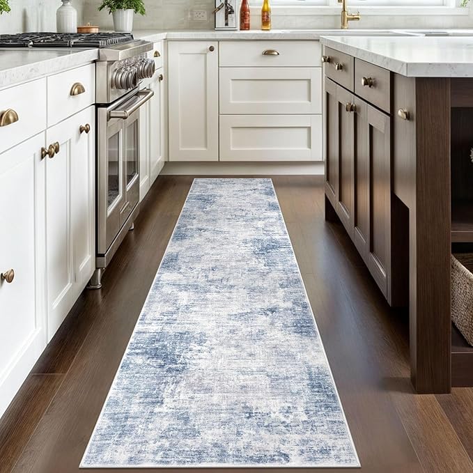 IOHOUZE Abstract Runner Rug 2x8 Ft Washable Runners for Hallways, Non Slip Kitchen Runner Printed Faux Wool Entryway Runner Indoor, Modern Floor Carpet for Hall Kitchen Bedroom, Light Blue White