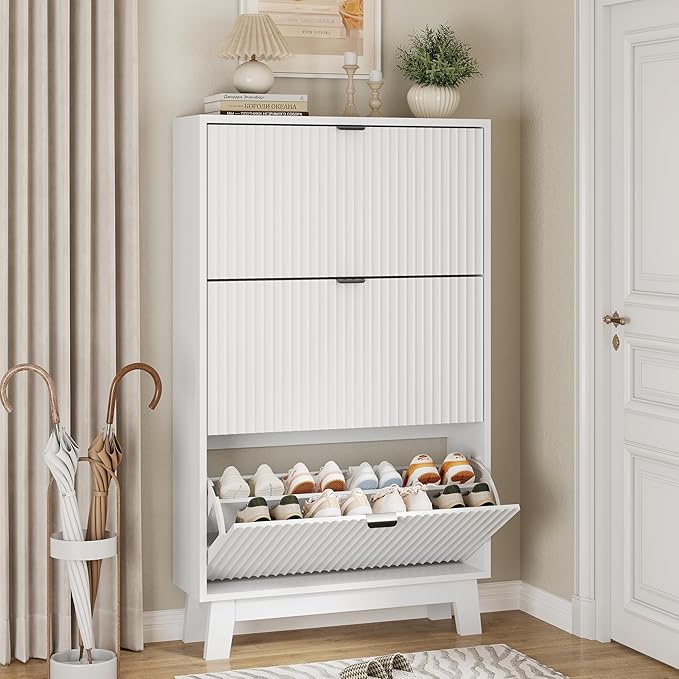 Shoe Cabinet with 3 Flip Drawers, 54" Tall Narrow Fluted Shoe Storage Organizer for Entryway, Hidden Slim Wooden Shoe Rack Cabinet for Front Door Entrance, Hallway, Living Room, Solid White