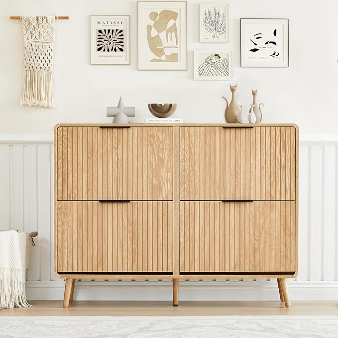 47" Fluted Large Shoe Cabinet with 4 Flip Drawers, Slim Freestanding Shoe Cabinet Organizer, Narrow Shoes Storage Rack for Entryway, 5 Sturdy Legs (All Natural, 9.45" D x 47.24" W x 35.83" H)