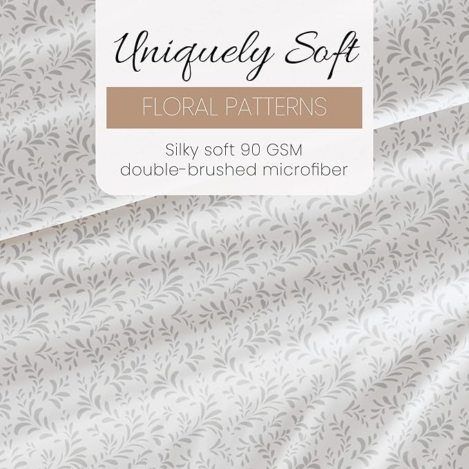 Linen Market Double-Brushed Patterned Microfiber Queen Sheet Set 4 Piece – Oeko-TEX Certified Ultra Soft & Wrinkle-Free - 16" Deep Pocket Sheets - Easy Care Queen Size - Burst of Vines Light Gray