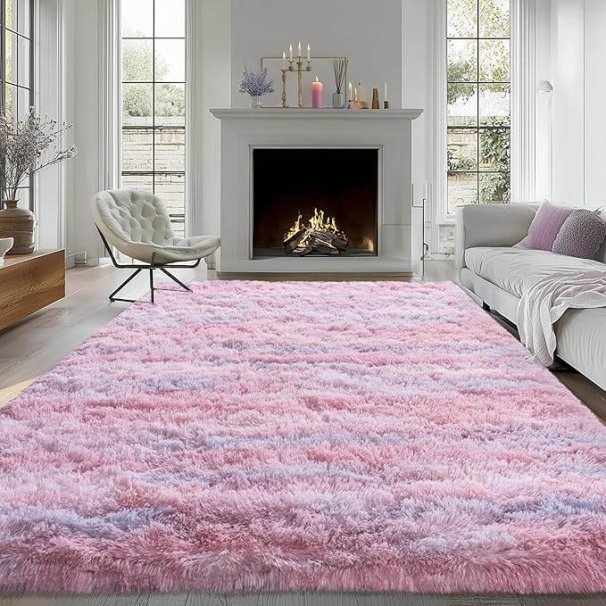 Fluffy Rugs for Bedroom Living Room, 4x6 Feet Abstract Pink Shag Area Rugs, Non-Slip Indoor Modern Fuzzy Plush Floor Carpet for Dorm Nursery Kids Room Decor, Soft Shaggy Throw Rug