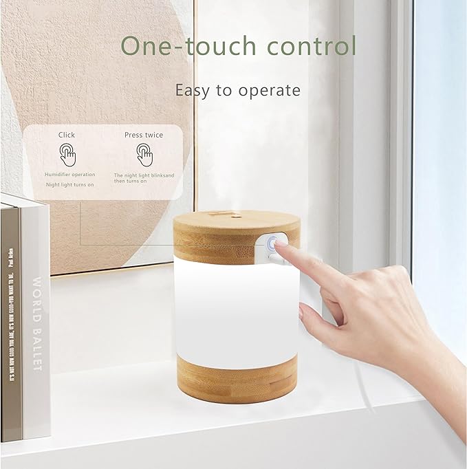 Bamboo Ultrasonic Mini Humidifier, 400ml Quiet Desktop Humidifier with Dual LED Night Light, USB-C Powered, Auto Shut-Off, Portable Small Room Air Moisturizer for Bedroom, Desk, Office & Travel