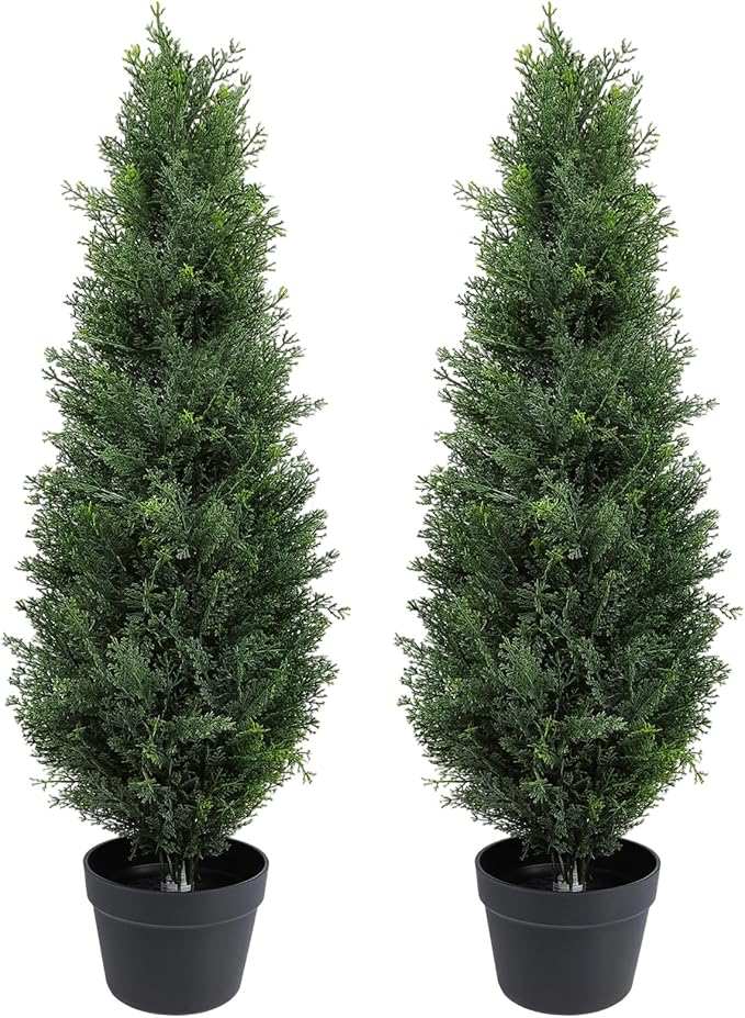 Artificial Topiary Cedar Trees 3FT Tall, Outdoor Indoor Faux Pine Shrubs Plants, Realistic Fake Plants Front Porch Decor, for Front Porch Decor Patio Offices Living Room, Set of 2