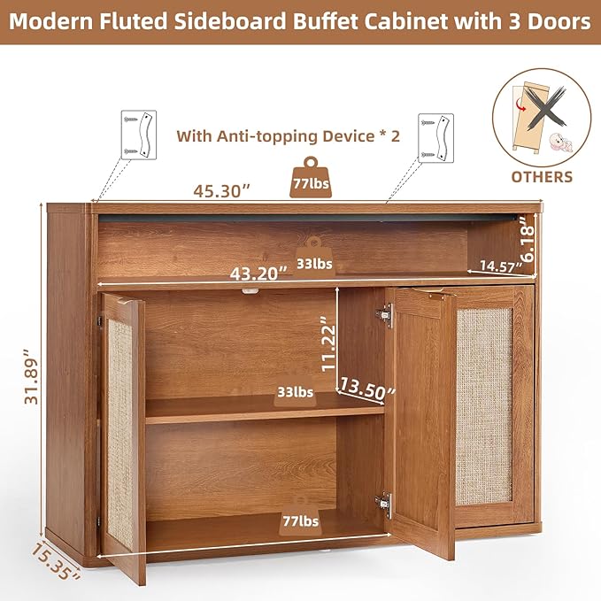 LEYAOYAO Rattan Sideboard Buffet Cabinet,45" Coffee Bar Cabinet with 3 Doors & Open Storage Shelf,Modern Credenza Console Table for Living Room Rattan Farmhouse entryway Brown