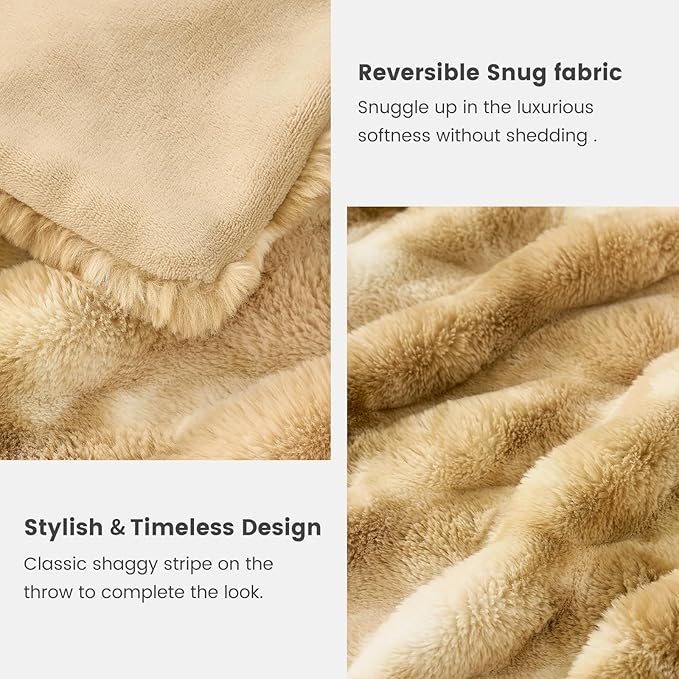 Cozy Bliss Faux Fur Throw Blanket for Couch, Fuzzy Soft Plush Thick Striped Blanket for Sofa Bedroom Living Room, 50 * 60 Inches Tie-dye Khaki