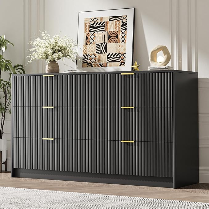 Black 6 Drawer Dresser for Bedroom, 55" Wide Modern Chest of Drawers with Gold Metal Handles, Fluted Wood TV Stand for Living Room, Hallway