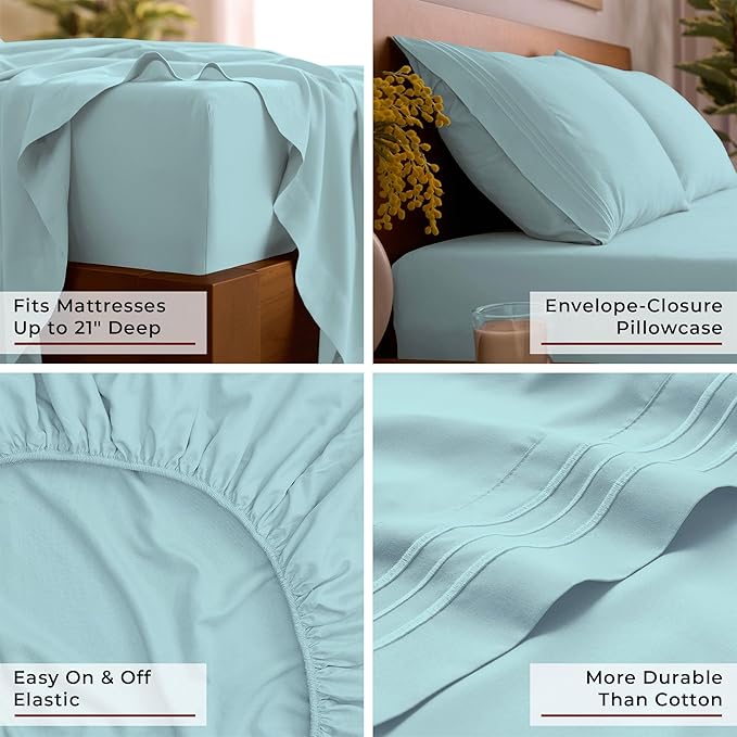 Mellanni Full Sheet Set - 6-Piece Iconic Collection Bedding, (Including 4 Pillowcases), 21-Inch Extra Deep Pocket, Easy Care, Ultra Soft, Cooling Sheets, Brushed Microfiber - Aqua
