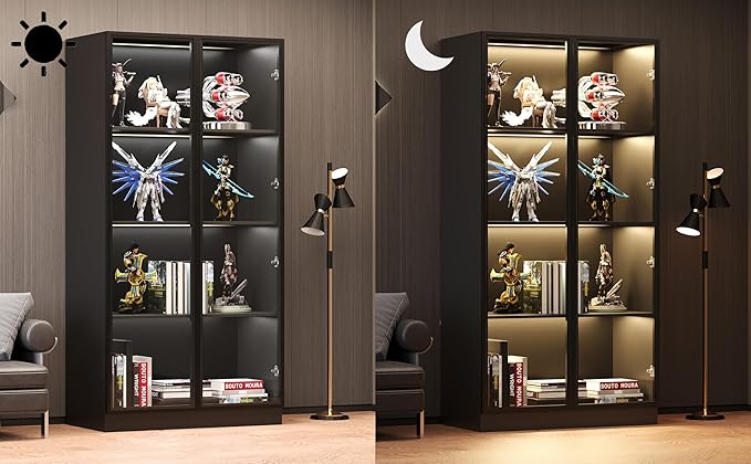 Wooden Display Storage Cabinet with Glass Door, LED Lights,Showcase for Collections, Perfume, Vinyl Albums, Bookcase for Home Office, Living Room, Clinic, Pantry (Black- 4 Layers)