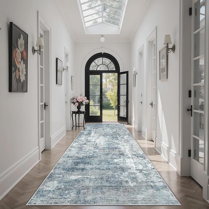 Washable Runner Rug, 2'6" x 8' Non-Slip Kitchen Vintage Foldable Hallway Runners for Entryway, Laundry, Bedroom, Blue