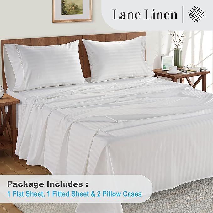 Lane Linen White Queen Sheet Set - 100% Cotton Striped Sheets for Queen Size Bed, Satin Soft Luxury Striped Sheets Queen Size, Deep Pocket Fitted Sheets - 4 PC Bedding Sheets & Pillowcases Set - White