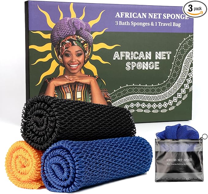 African Net Sponge Authentic 3 Pieces with Storage Bag, African Exfoliating Net Sponge Washcloth, Exfoliating Body Scrubber Bath Sponge Bathing Accessories (Blue & Black & Golden)
