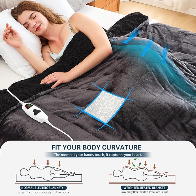 CYMULA Heated Weighted Blanket for Adults, Weighted Heated Blanket 50" x 60", 13lbs Sherpa Fleece Weighted Electric Blanket Soft Heating Blanket with 10 Heating Levels & 1-8 Hours Auto Off, Dark Grey