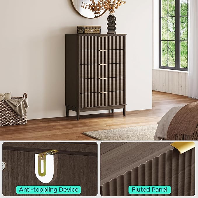 LINSY Fluted Dresser for Bedroom with 5 Drawers, Mid Century Modern Chest of Drawers with Gold Metal Handles, Tall Boho Wood Dressers, Large Farmhouse Storage Cabinet for Bedroom, Living Room, Walnut