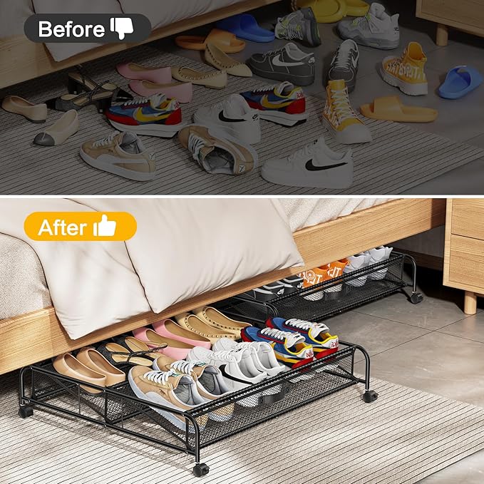 Under Bed Shoe Storage Organizer, 2 Pack Under Bed Storage Containers with Wheels for Under Bed Shoe Organizer Drawer Space Saving for bedroom