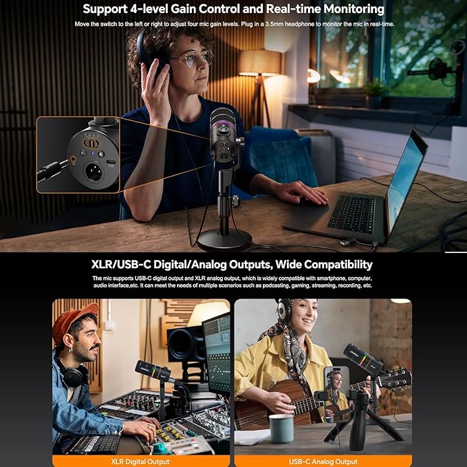COMICA EJoy D10 A USB/XLR Dynamic Microphone with RGB Light &CalMix Denoise &Mute Button- Studio-Quality Cardioid Mic with Boom Arm Stand for Gaming, Streaming, Podcast,YouTube(PC/PS5/Xbox/Mac-White