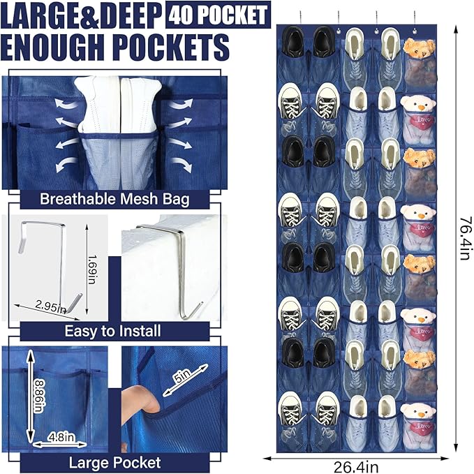 Windyun 40 Large Over the Door Hanging Shoe Organizer Navy Blue Mesh Pockets Shoe Rack for Closet Behind Door Hanger Storage Holder Nonslip for Cruise Essentials, Dorm Room Storage, Utility Room