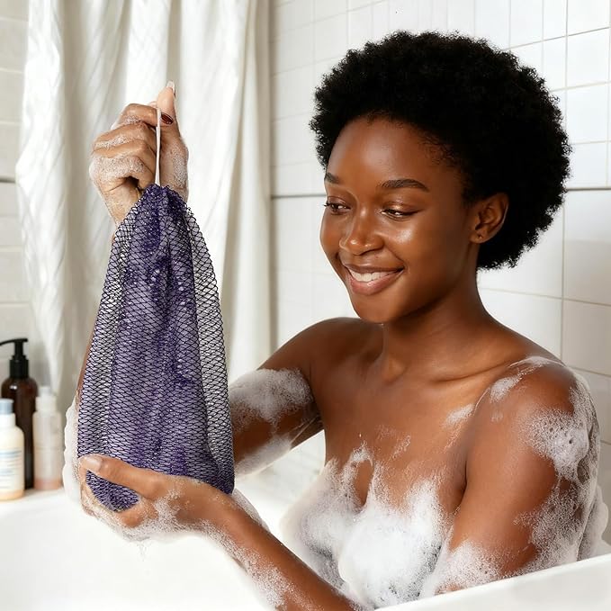 African Net Sponge Authentic with Handles (Set of 2), African Exfoliating Net Sponge, Exfoliating Body Scrubber Bath Sponge - Bathing Accessories with Storage Bag (Purple & Green)