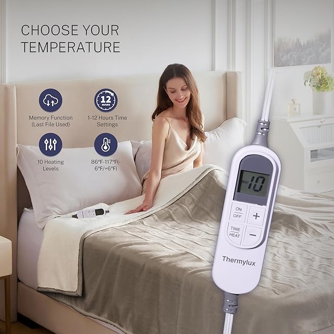 Electric Blanket Throw 50"x60" Heated Electric Blankets 10 Heating Levels 12 Time Settings 3 Hours Auto Off Fast Heating and Overheat Protection ETL Certified Machine Washable,Light Brown