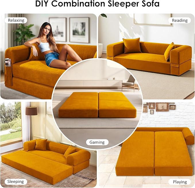 80" Convertible Sofa Bed, Corduroy Deep Seat Folding Pull Out Couch with Pillows, No Assembly Modern Boneless Couch Compression Sofa in Box, Floor Sofa with Storage Pocket for Living Room,Yellow