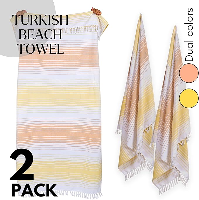 Native Fab 100% Cotton Peshtemal Turkish Bath and Beach Towels Set of 2, Large 40x71 Travel Sarong Gym Pool Spa Towels, Ultra Soft Quick Dry Absorbent Fouta Hammam Peshtemal Towels Yellow