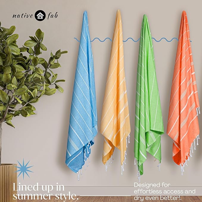 Native Fab Turkish Beach Towels 4 Pack, Oversized 40"x71", Quick Dry, Sand Free, Lightweight, Absorbent, Multipurpose Travel & Pool Towels - Orange, Mustard Yellow, Aqua Green, Turquoise Blue