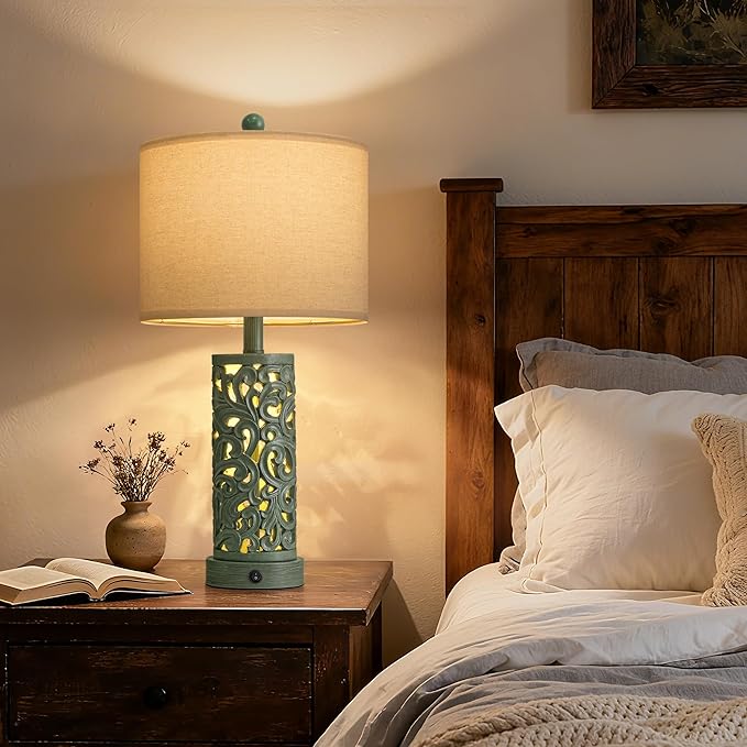 OYEARS 22'' Table Lamp Set of 2 for Living Room, Farmhouse Lamp for Bedroom, Vintage Bedside Lamps with Retro Design and USB Ports, Linen Shade for Home Office (Bulb Included, Green)