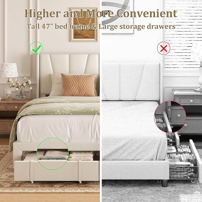 Full Bed Frame with Storage Drawers, Upholstered Full Size Platform Bed with 47" Tall Headboard and Wingboard, No Box Spring Needed, Noise Free, Easy Assembly, Wooden Support Slats, Beige