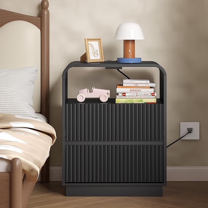 Dresser with 2 Drawers and Charging Station, Fluted Bedside Table with Round Curved Corner, Hidden Handles, 2 AC Outlets and 2 USB Ports, Modern Wood End Table with Open Shelf for Bedroom