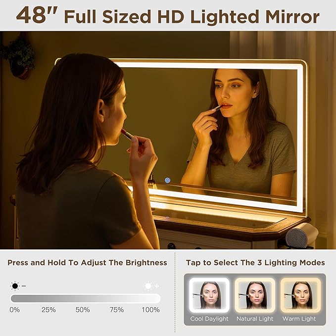 T4TREAM Vanity Desk with Mirror and Lights, 48'' LED Lights Makeup Vanity with 8 Drawers, Farmhouse Vanity Table with 3 Color Modes, Dressing Table with Glass Top and Power (Antique White)