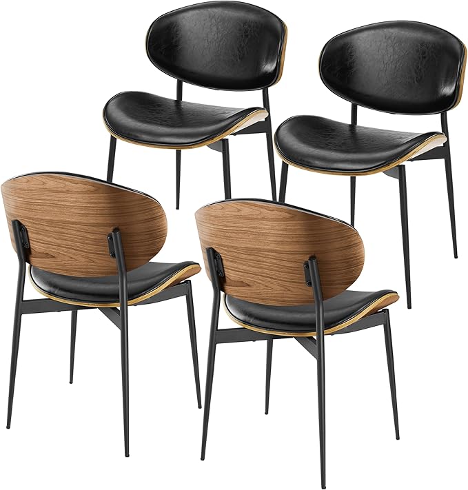 Art Leon Dining Chairs Set of 4, Walnut Bentwood, Mid Century Modern Chair, Black Faux Leather Kitchen Dining Room Chairs with Metal Legs, Accent Chairs for Bedroom