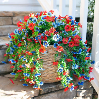 INSPRING Artificial Faux Hanging Flowers Plants for Spring Outdoor Outside Decoration, 2 PCS Fake Silk Daisy with Eucalyptus UV Resistant Realistic Trailing Vines for Balcony Patio Porch (BlueRed)