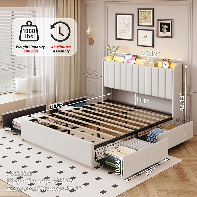 Full Bed Frame with 4 Drawers and Storage Headboard, Upholstered Platform Bed Frame Full Size with Led Lights and Handy Charging Station, No Box Spring Needed, Easy Assembly, Noise Free, Beige