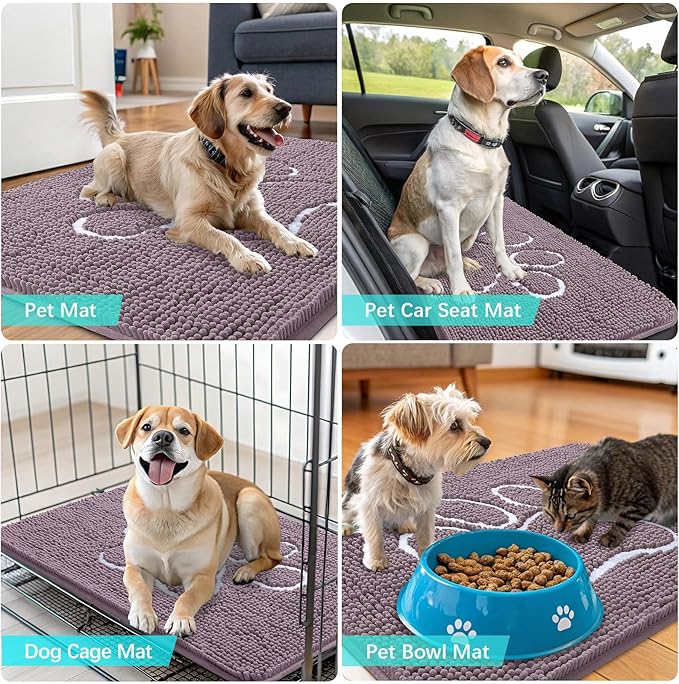 OLANLY Dog Door Mat for Muddy Paws 36x24, Paw Print Design, Absorbs Moisture and Dirt, Absorbent Non-Slip Washable Doormat, Quick Dry Chenille Mud Mat, Entry Indoor Entryway Carpet, Deep Plum